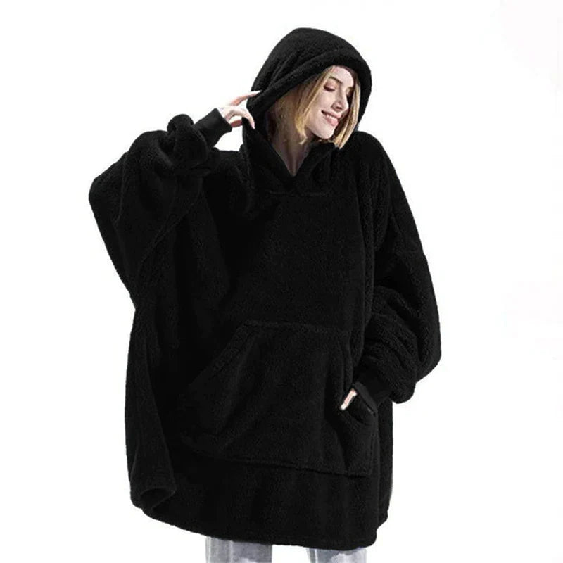 MIDSUM Winter Hooded Sweater Blanket Women Oversized Fleece Blanket with Sleeves Large Pocket Warm Thick TV Hoodie Robe Couple