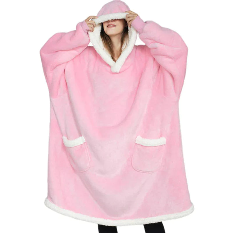 MIDSUM Winter Hooded Sweater Blanket Women Oversized Fleece Blanket with Sleeves Large Pocket Warm Thick TV Hoodie Robe Couple